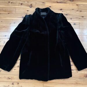 70s-80s Faux Fur Black Coat Quiet Luxury Aesthetic Shawl Collar L/XL